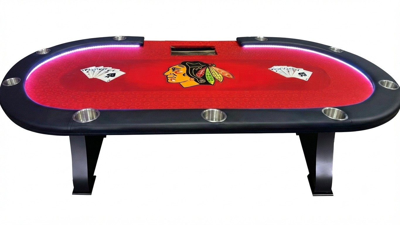 Chicago Blackhawks custom felt 96" dealer Poker Table with wood legs, LED Lights Chicago Blackhawks custom felt 96" dealer Poker Table with wood legs, LED Lights