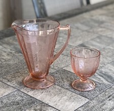 Vintage Pink Depression Era Patterned  Flower Pitcher + Tumbler Glass picture