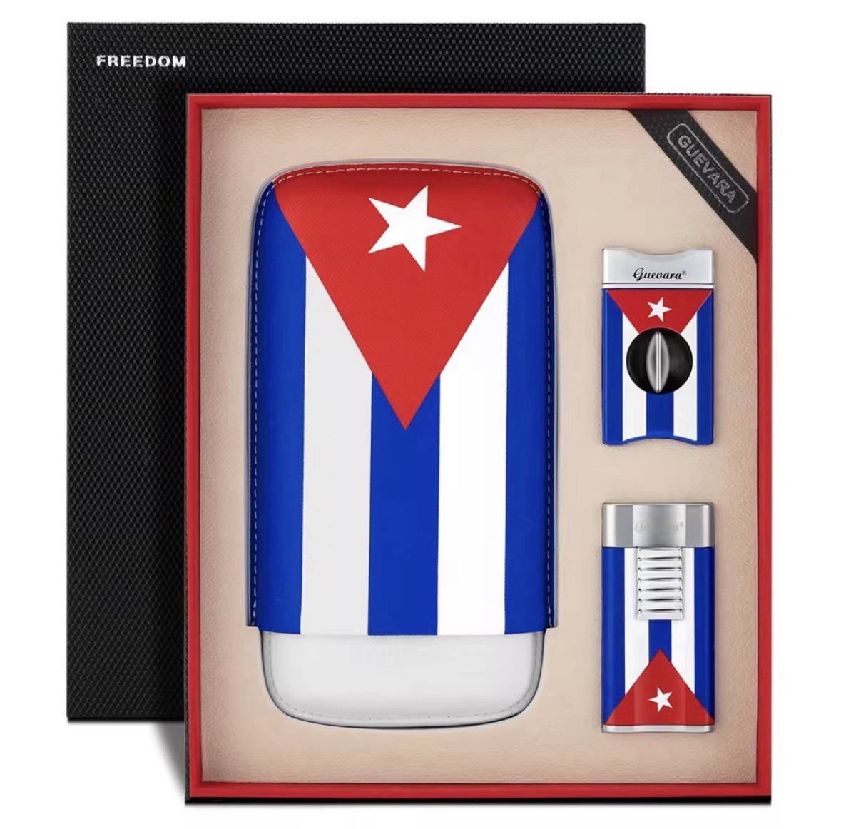 Luxury Cuban Flag Cigar Gift Set, Torch Lighter, Leather Cigar Case, V Cutter Luxury Cuban Flag Cigar Gift Set, Torch Lighter, Leather Cigar Case, V Cutter