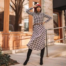 NWT $169 Ann Taylor sz0 Houndstooth BLOG FAVE! Mock Neck Midi Dress Black White picture