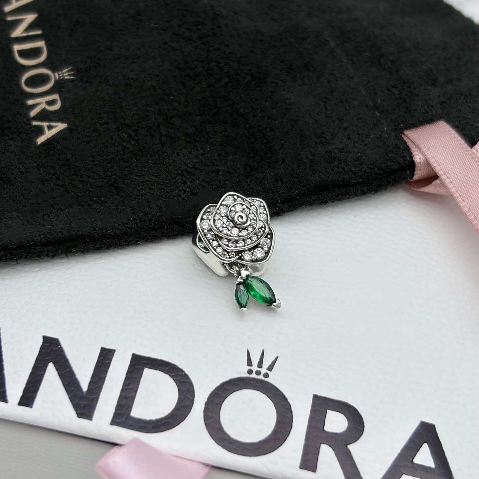 Pandora S925 Ale Sterling Silver Sparkling Rose in Bloom Charm, #793201C01 Pandora S925 Ale Sterling Silver Sparkling Rose in Bloom Charm, #793201C01