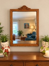 Antique Solid Oak Beveled Wall Mirror Wood Frame 24”x 18” Retro Grannycore  picture
