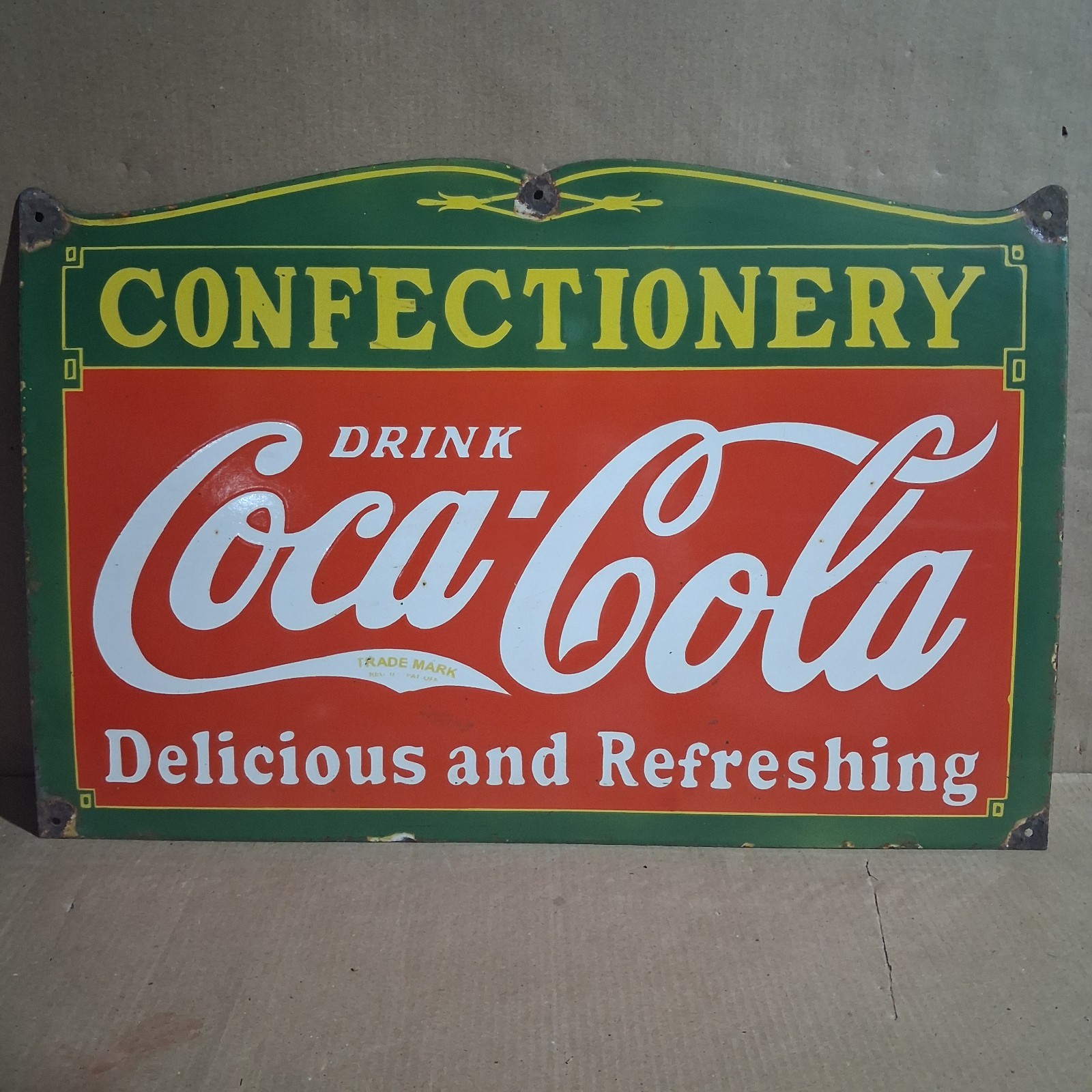 Drink Coca Cola Confectionery Porcelain Enamel Sign  27 x 18 Inches