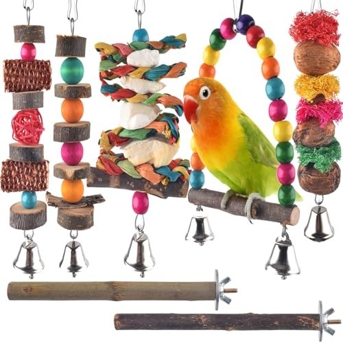 Bird Chew Toys, 7 Packs Parakeet Natural Wood Toys Parrot Hanging Cage Toy Perch Bird Chew Toys, 7 Packs Parakeet Natural Wood Toys Parrot Hanging Cage Toy Perch
