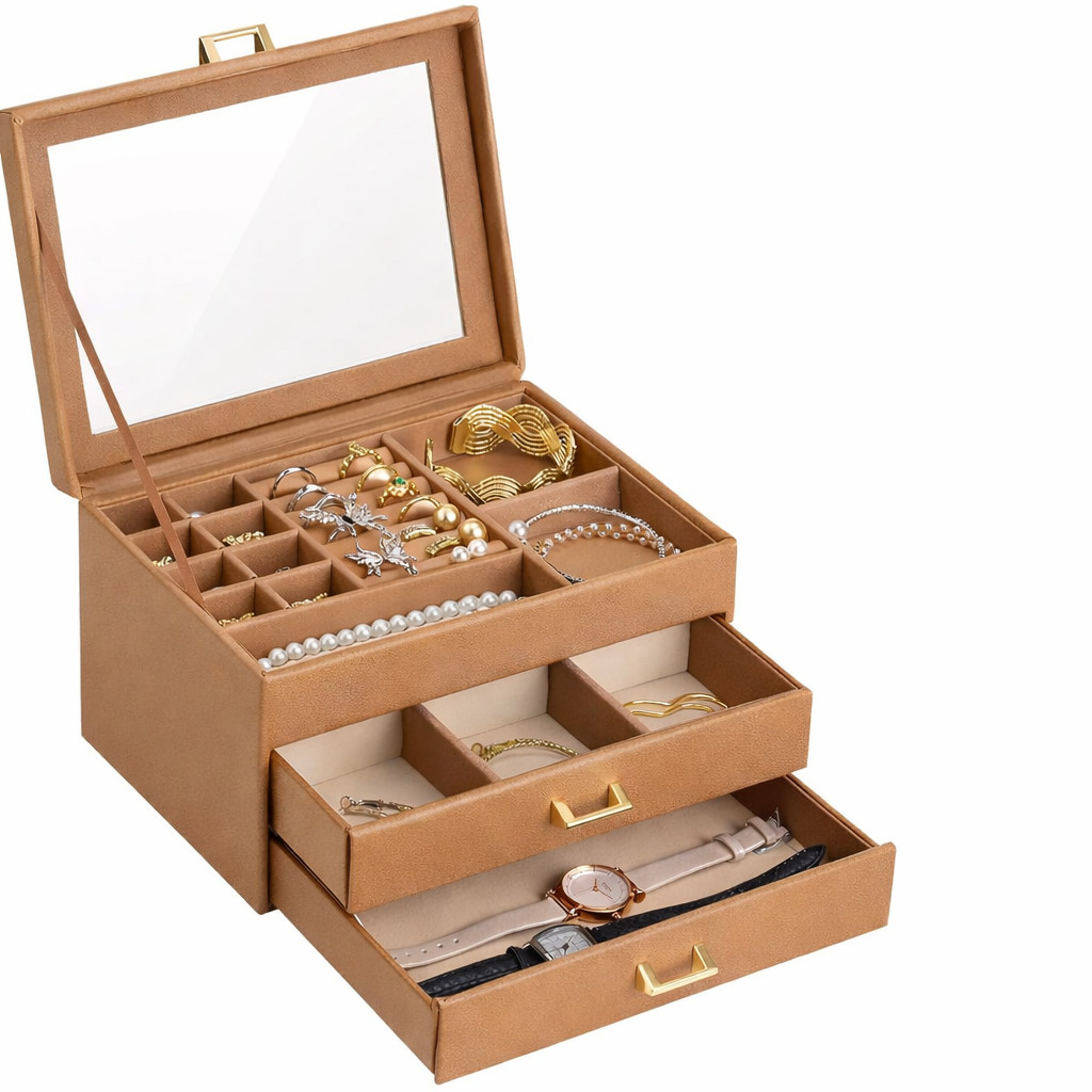 Leather Jewelry Box Organizer with Glass Lid, 3 Drawer Jewelry Storage Case Leather Jewelry Box Organizer with Glass Lid, 3 Drawer Jewelry Storage Case