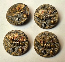 4 Antique Victorian Art Nouveau Dragonfly Brass Picture Buttons Cut Steel Motif  picture