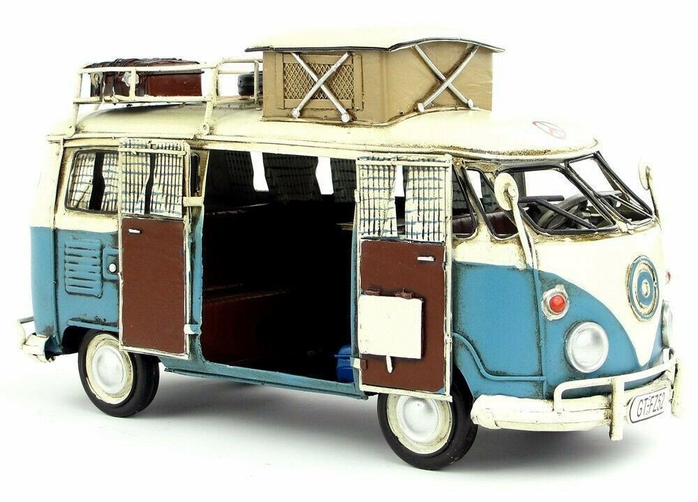 1964 VW Volkswagen  Deluxe Bus in Blue and white - Tinplate Model W/Camper Gift