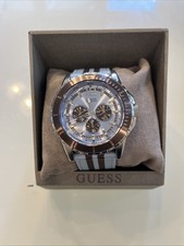 Guess U0454G4 Ice Blue & Brown Canvas Multifunction Day 24hr In’tl Watch picture