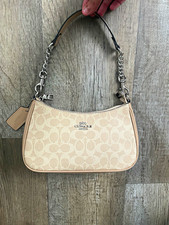 Coach Beige Signature Logo Small Shoulder Bag Zip Top Detachable Strap Silver picture