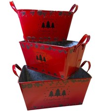 Set of 3 Farm Fresh Christmas Trees Red Galvanized Metal Bins with Handles picture