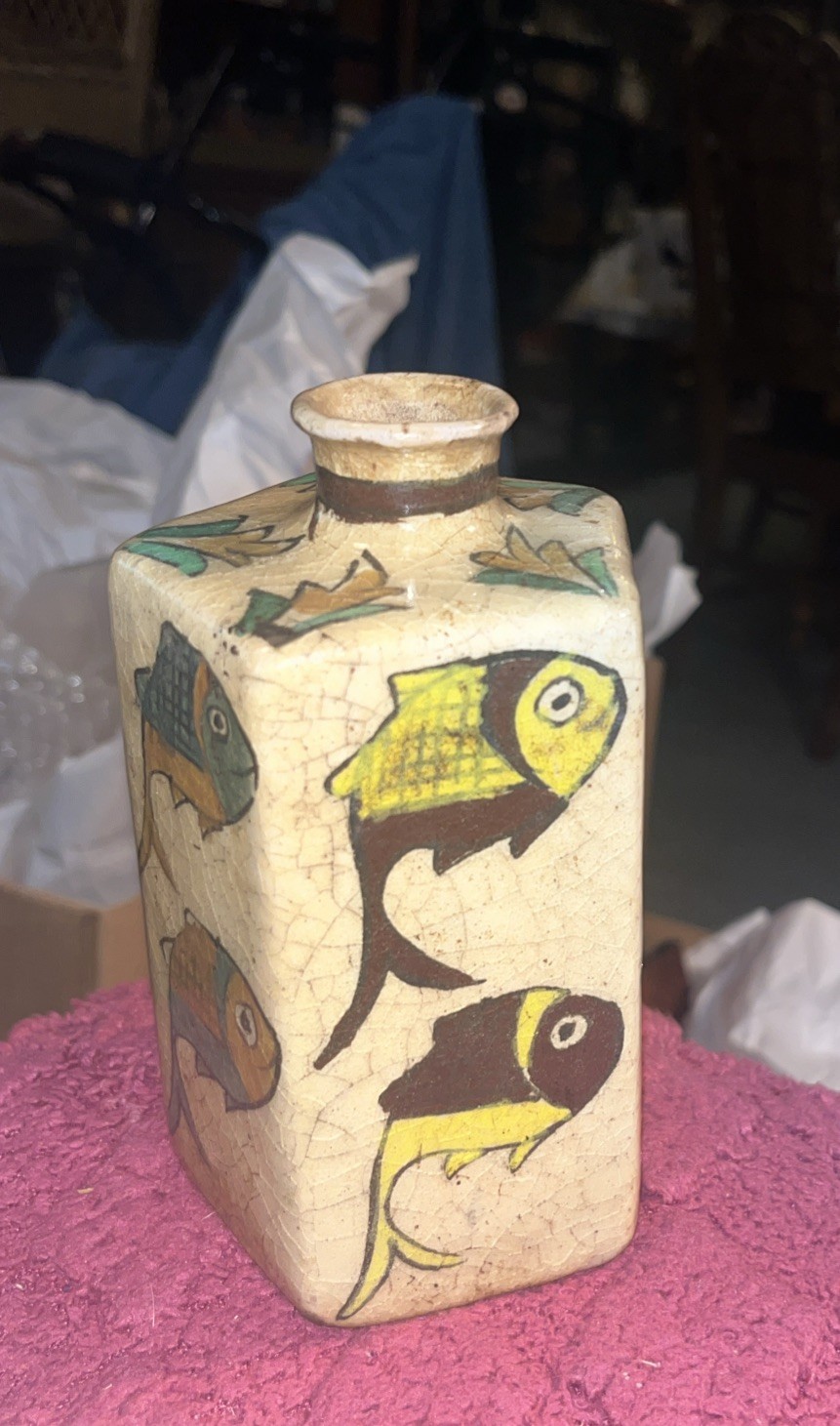 Antique Quajar Persia Ceramic Bottle with Fish Motif