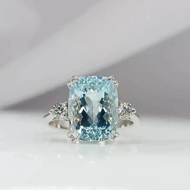 6.50 Ct Cushion Cut Natural Aquamarine & Diamond Wedding Ring 14K White Gold 6.50 Ct Cushion Cut Natural Aquamarine & Diamond Wedding Ring 14K White Gold