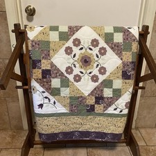 Vintage Machine Stitched Quilt Plum & Beige Floral Design 84” X 84” picture