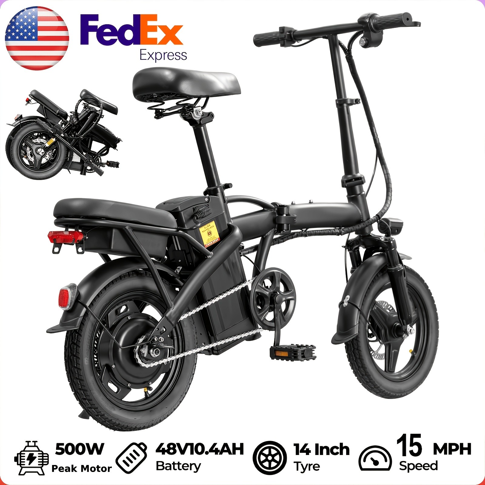 14 Inch Folding Electric Bikefor Adults And Teens,500W Motor, 15-24MPH Max Speed