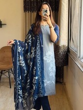 Premium Fine Cotton Salwar Kameez Indian Bollywood Ethnic Kurti Pant Dupatta Set picture