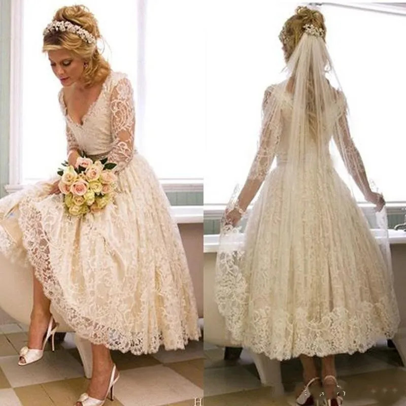 Cheap Country Short A Line Wedding Dresses V Neck Lace Applique Tea Length Gowns
