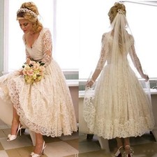 Cheap Country Short A Line Wedding Dresses V Neck Lace Applique Tea Length Gowns picture