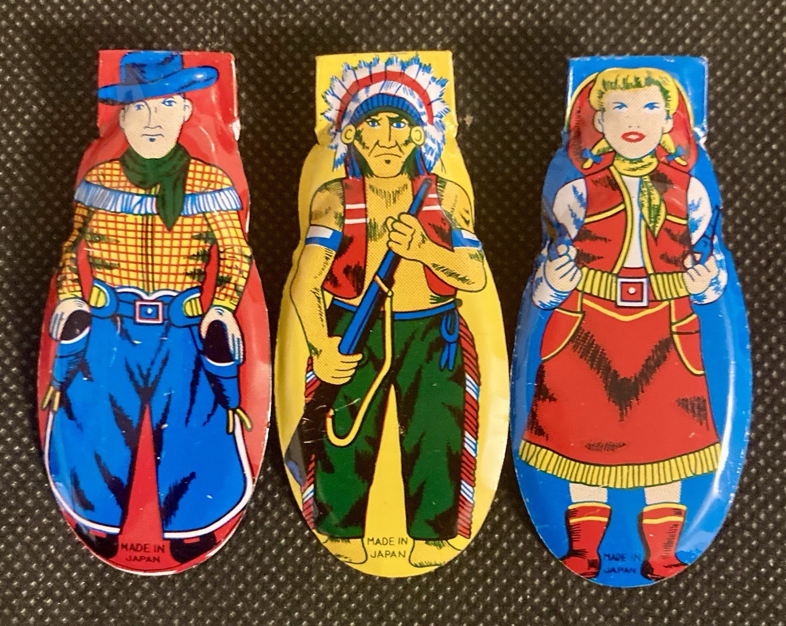 Tin Litho Cowboy, Indian and Cowgirl 1960 Toy Clickers Set of 3 From Japan