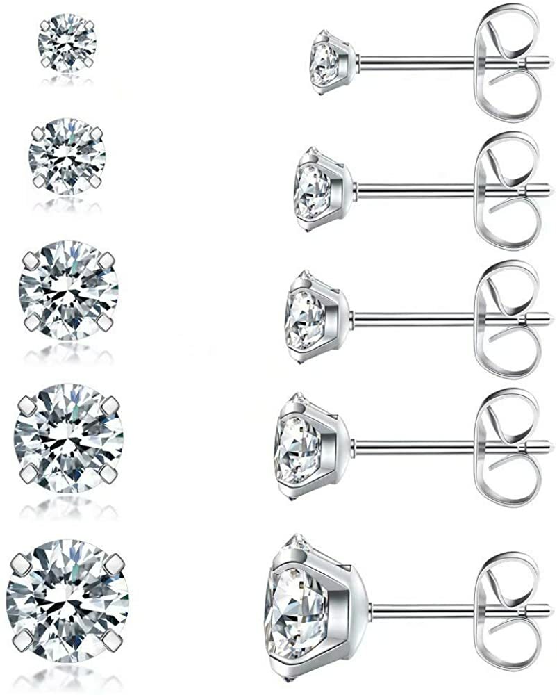 Ear Stud Set of 5 Pairs Earrings Set Hypoallergenic Cubic Zirconia Crystal 3-8mm Ear Stud Set of 5 Pairs Earrings Set Hypoallergenic Cubic Zirconia Crystal 3-8mm