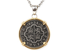 1621 - Spanish Colonial Coin Inspired Pendant .925 Silver Gold Plated 14.8 grams picture