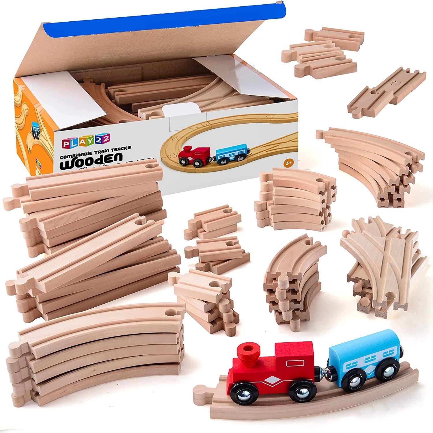 52PCS Wooden Train Track Pack Set Wooden Train Set With 2 Bonus Toy Trains 52PCS Wooden Train Track Pack Set Wooden Train Set With 2 Bonus Toy Trains