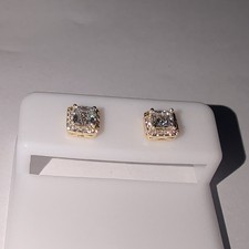 Square Halo Moissanite Stud Earrings Yellow Gold Plated, Push Back picture