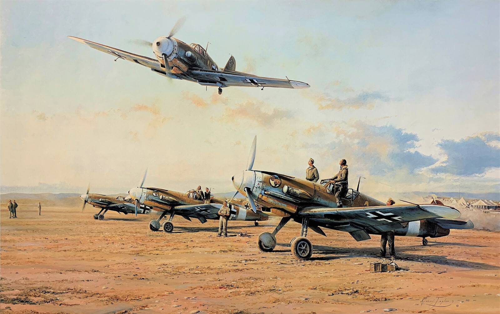 Hunters in the Desert by Robert Taylor art print signed by Desert Luftwaffe Aces Hunters in the Desert by Robert Taylor art print signed by Desert Luftwaffe Aces