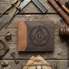 Freemason Leatherette Bifold Wallet Mason Compass Detail Engraved Masonic Wallet picture