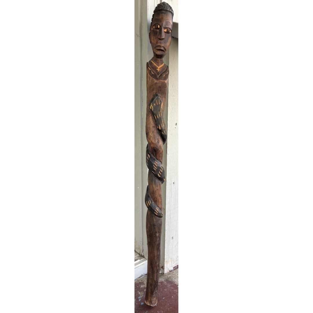 Vintage Handmade Hand Painted Carved Wooden African Walking Stick Cane Snake