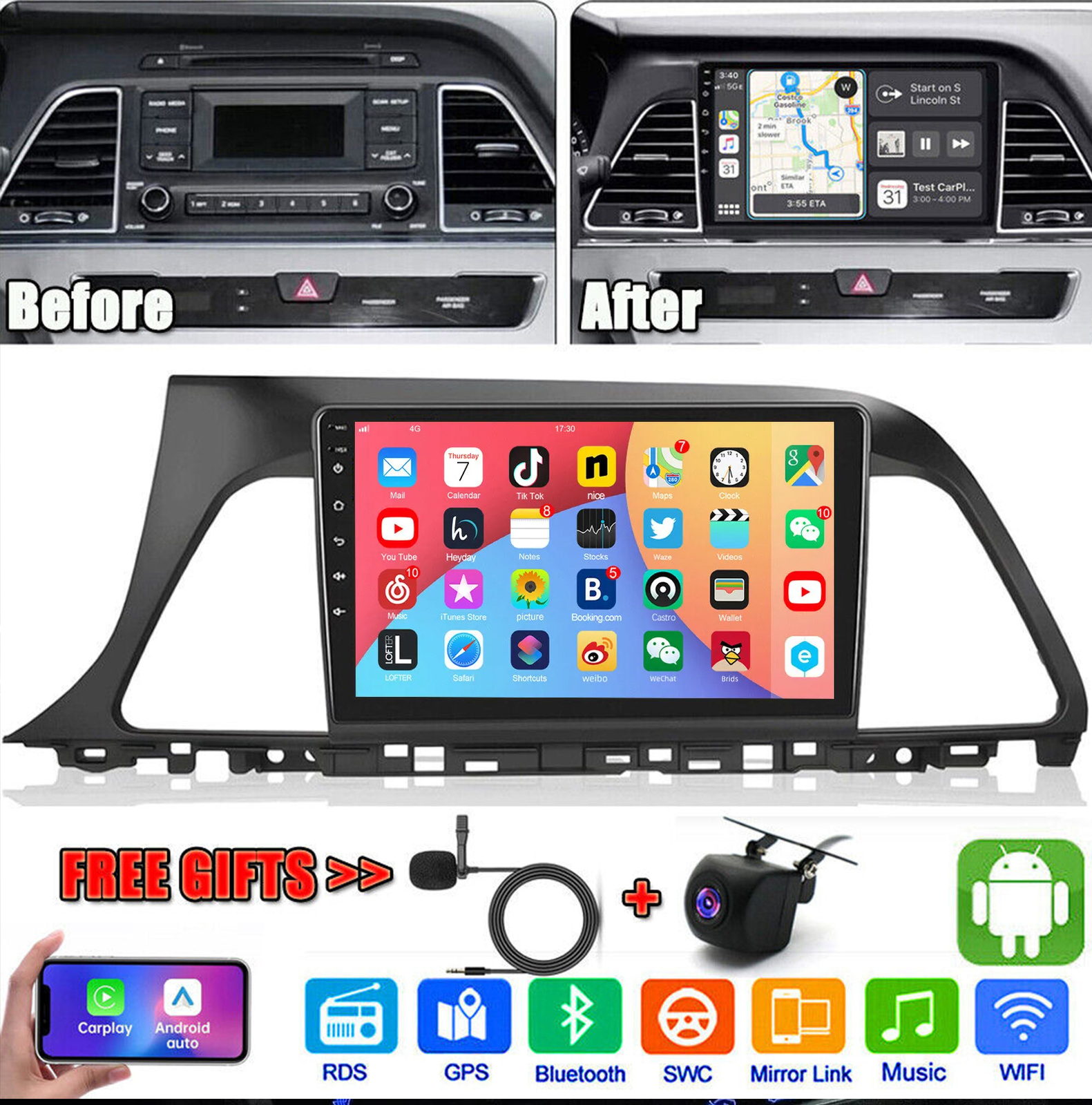 For 2015 2016 2017 HYUNDAI SONATA Apple Carplay Android 15 Car Radio Stereo GPS For 2015 2016 2017 HYUNDAI SONATA Apple Carplay Android 15 Car Radio Stereo GPS