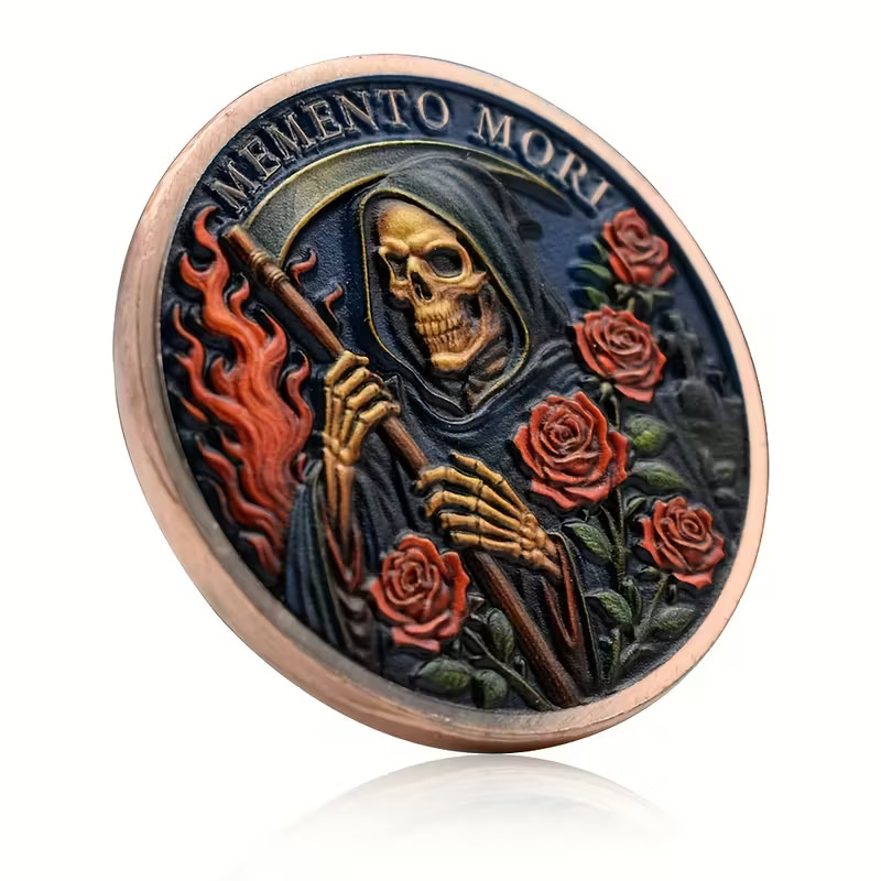Memento Mori Death Coin Collectable Skeleton Raven Crow Rose 1-pc