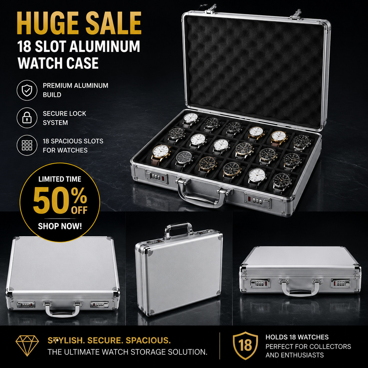 Invicta 18 Slot Aluminum Watch Briefcase With Lock Silver Luxury Storage Case Invicta 18 Slot Aluminum Watch Briefcase With Lock Silver Luxury Storage Case