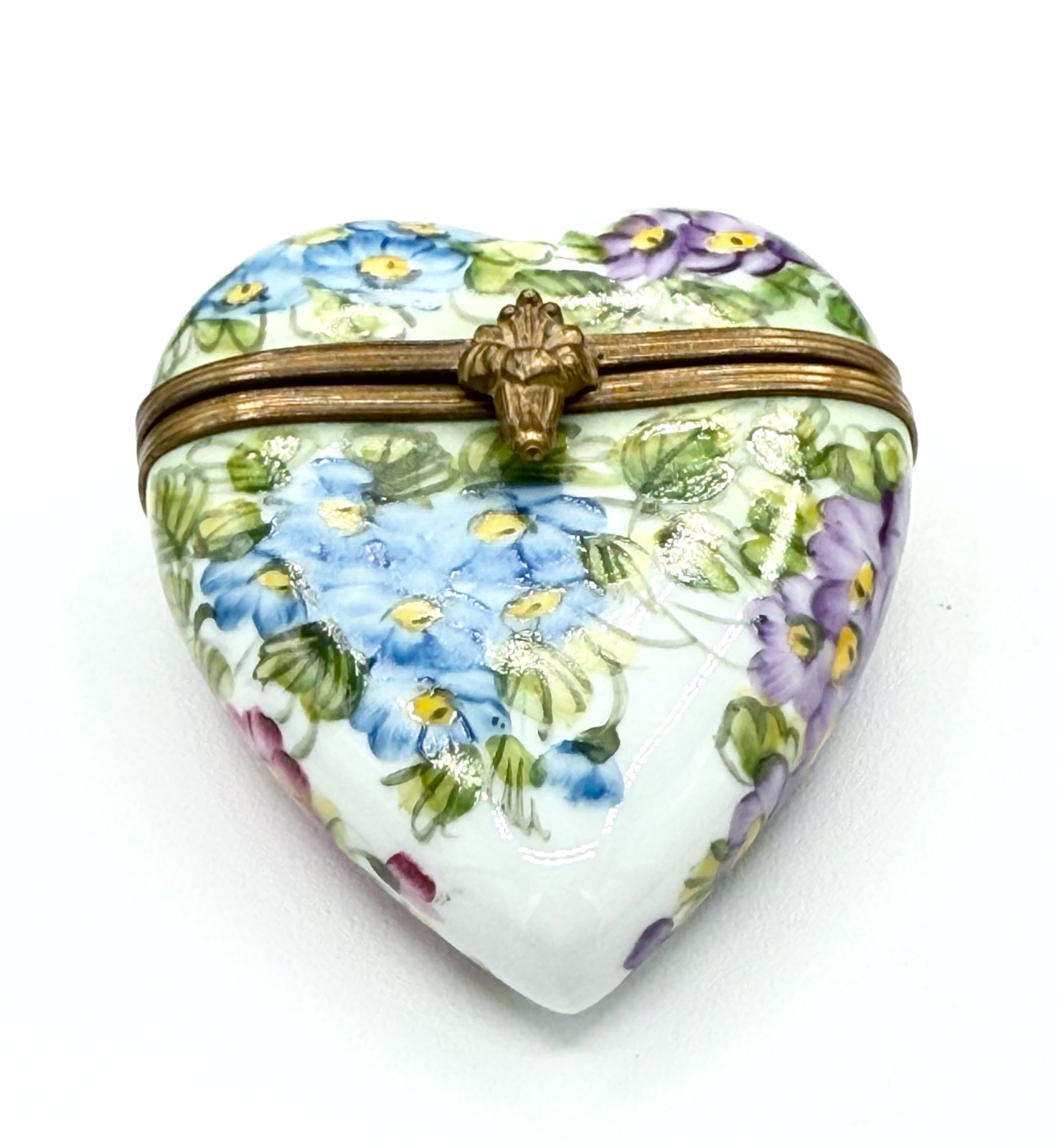 Vintage Limoges France Heart Trinket Box Hand Painted Porcelain Forget Me Not