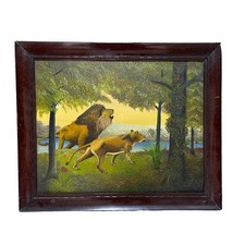 African Wildlife Oil Painting Lion & Lioness in Forest Mid-Century Safari Art picture