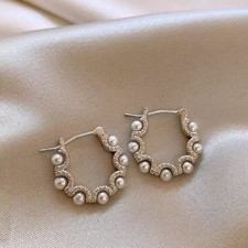 Silver Pearl Hoop Earrings Round Elegant Huggie Hoop Earrings Bridal Jewelry 396 picture