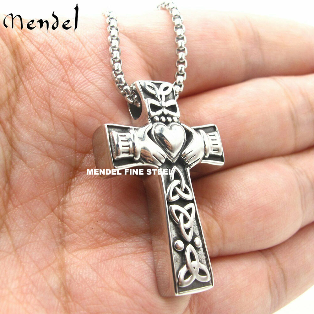 MENDEL Stainless Steel Irish Celtic Trinity Knot Claddagh Cross Pendant Necklace MENDEL Stainless Steel Irish Celtic Trinity Knot Claddagh Cross Pendant Necklace