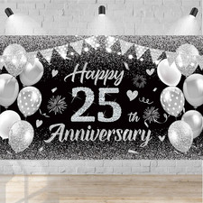 Happy 25Th Anniversary Banner - Silver & Black Wedding Anniversary Decorations picture
