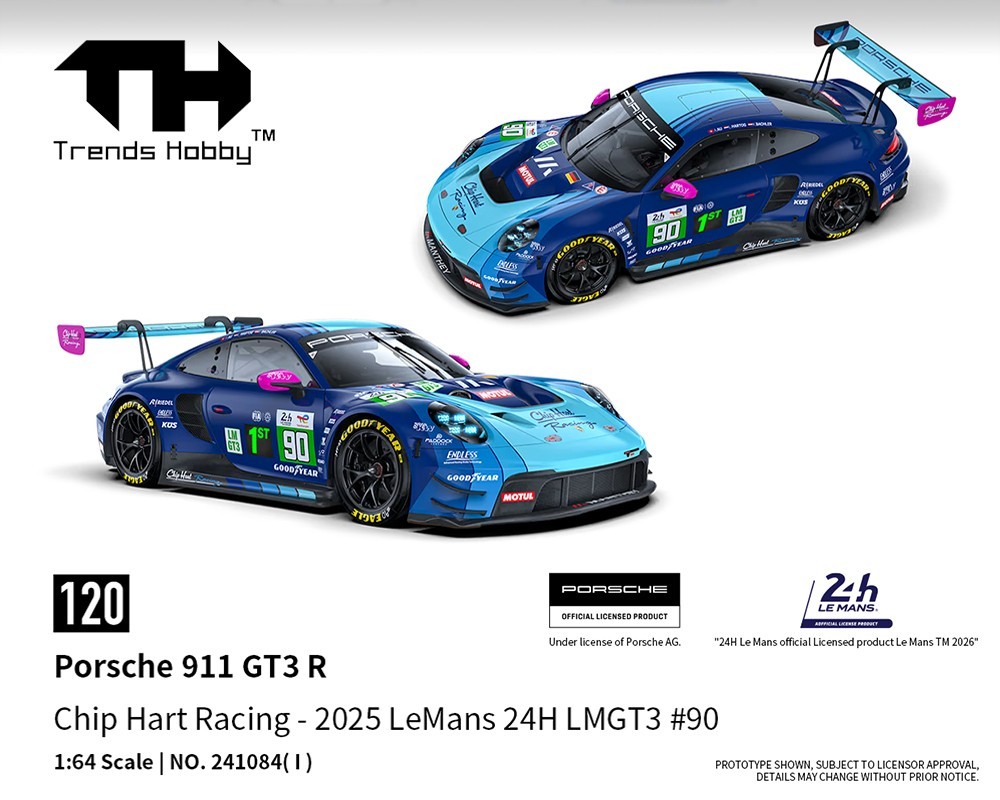 Trends Hobby Porsche 911 GT3 R Le Man 24H 2025 #90 Chip Hart Racing 1/64 Trends Hobby Porsche 911 GT3 R Le Man 24H 2025 #90 Chip Hart Racing 1/64