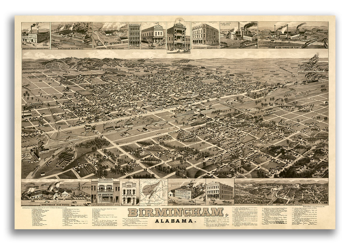 1885 Birmingham Alabama Vintage Old Panoramic City Map - 24x36 1885 Birmingham Alabama Vintage Old Panoramic City Map - 24x36