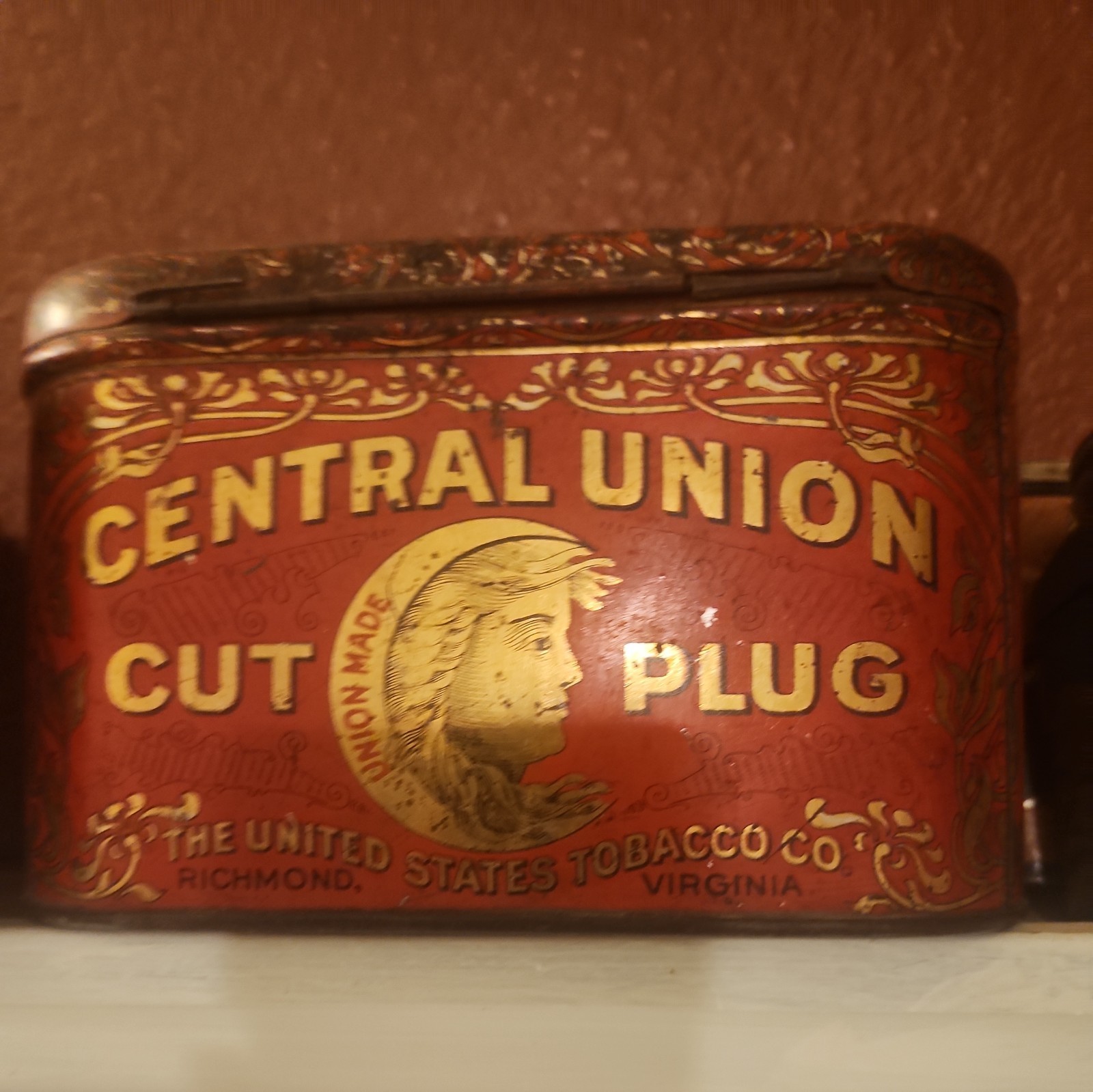 Rare 1910s “Central Union" hinged litho tobacco tin pail in exc. condition