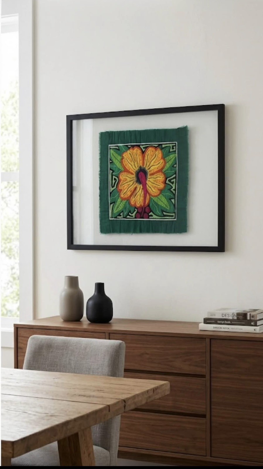 Original Guna textile art-Panama Mola hibiscus flower-framed-handmade folk art Original Guna textile art-Panama Mola hibiscus flower-framed-handmade folk art