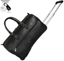 Real Leather Duffel Trolley Bag 37L Rolling Weekender for Holiday Vacation picture