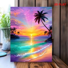 Tropical Beach Palm Tree Sunset Canvas Framed Print Colorful Ocean Wall Decor picture