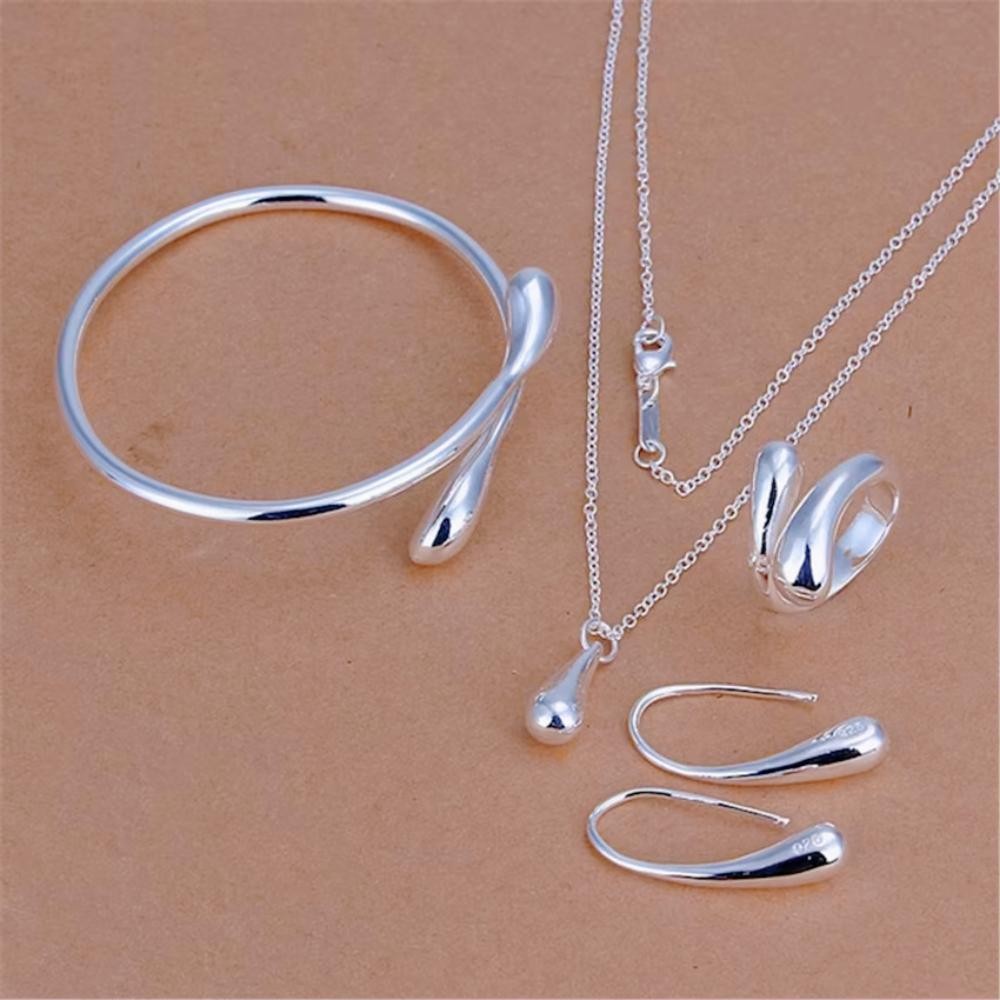 925 Sterling Silver Water Drop Jewelry Set Necklace Earrings Bracelet Ring Women