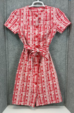 Vintage Handmade Red White Mod Dress Belted Button Front Polyester S/M picture