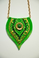 Handmade art jewelry,malachite inlay green-&-gold polymer clay necklace by KaOle picture