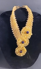 Woven Bead Statement Necklace Handcrafted w Crystal Center Stones picture