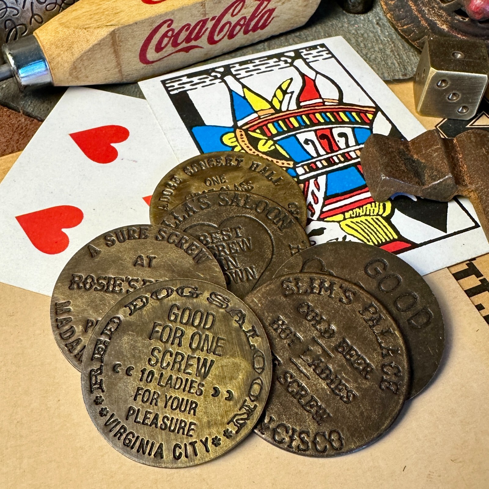 Old West Brass Brothel Tokens Assorted Lot of 6 Tokens Old West Brass Brothel Tokens Assorted Lot of 6 Tokens