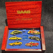 Saab Pin Collection Wooden Display Box Set w/ 6 Vehicle Pins & SAAB 50 1947-97 picture
