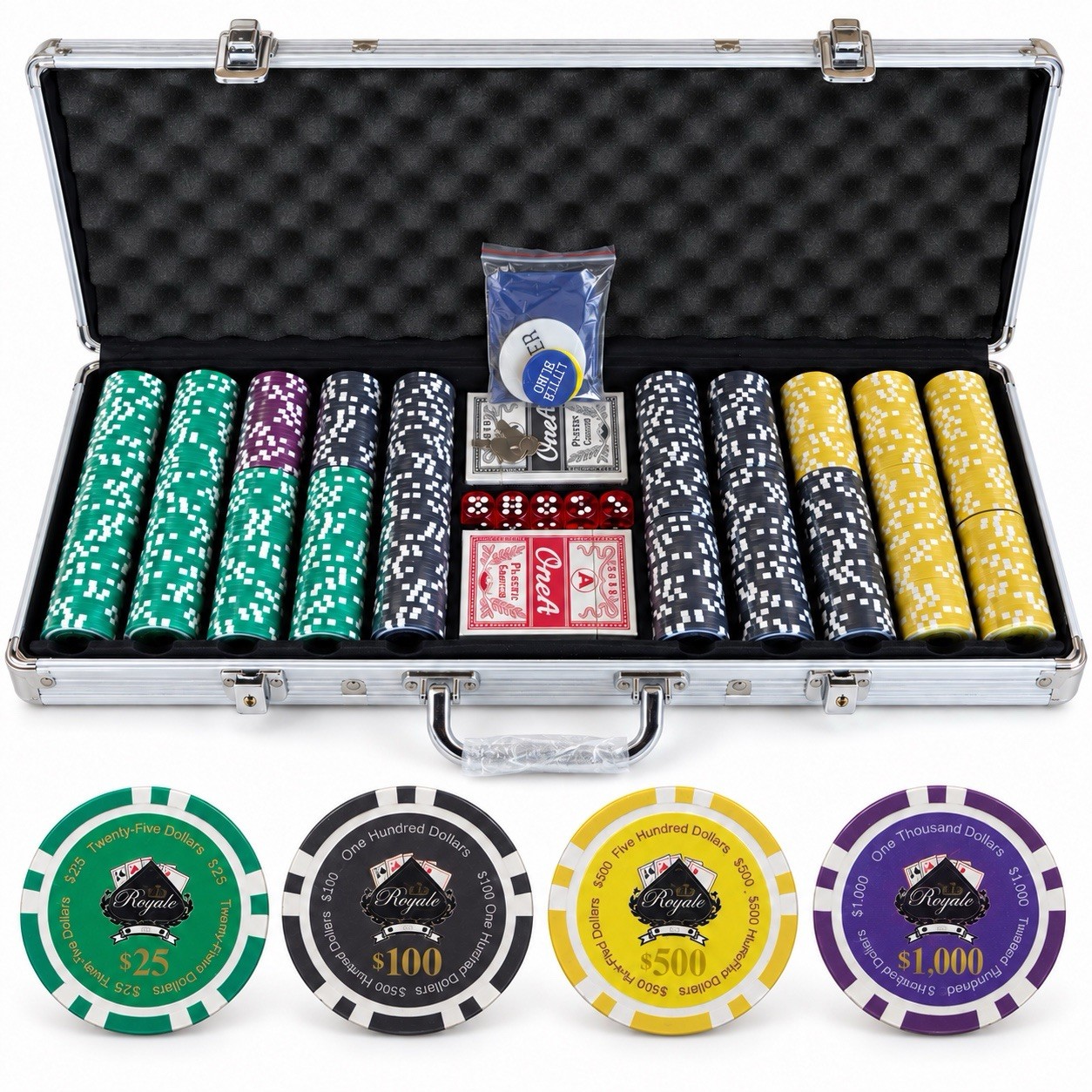 500-Piece Poker Chip Set W/ Face Denominations with Aluminum Case Cards & Dice 500-Piece Poker Chip Set W/ Face Denominations with Aluminum Case Cards & Dice